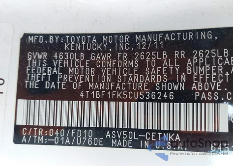 2012 Toyota Camry Le from USA, damaged, VIN 4T1BF1FK5CU536246